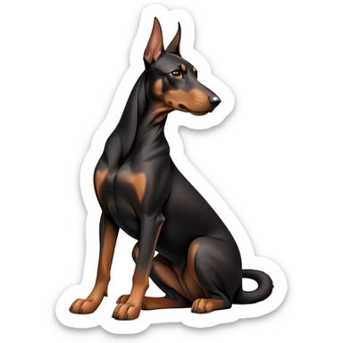 cinematic-[doberman]-realistic-full-body-sitting-emoji,-tail-resting-loosely-beside-its-paws,-head-tilted-dramatically, dooped ears -sleek-[black and tan]-fur,-simplified-yet-realistic-focused-features,-highly-detailed,-glowing-with-an-almost-sarcastic-glow sticker
