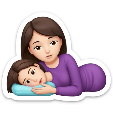 A brunette girl, with a pain face, lying on her side suffering from menstrual cramps, has a hot water bottle on her stomach. sticker