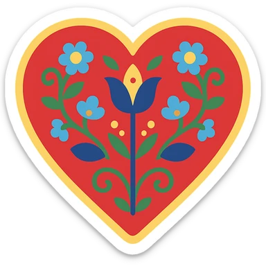 Red heart with Scandinavian folk art nature motif, featuring bright folk colors and simple, bold floral and leaf patterns. The design is easily recognizable when downsized and includes a border around the heart. sticker