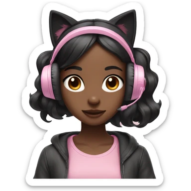 Black hair girl with pastel pink gaming headset that has cat ears  sticker