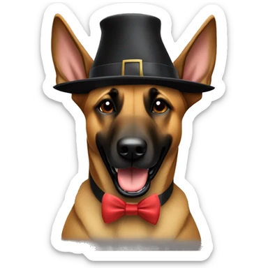 happy Belgian Malinois wearing a pilgrim hat and festive bow tie sticker