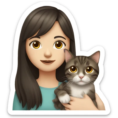 pale girl with long dark brown hair with bangs, holding a tabby cat sticker