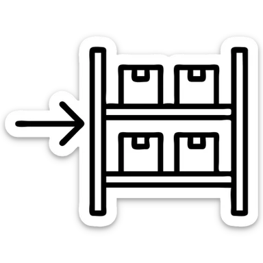 outline style of a warehouse rack with an arrow pointing toward it, clean black lines, no fill sticker