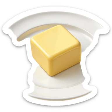 A 3D cartoon yellow butter block on a white ceramic dish, soft lighting, Memoji-style realism. sticker