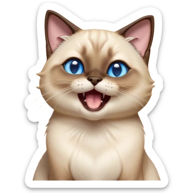 Cinematic Cute Yawning Siamese Cat Portrait Emoji, Head tilted slightly with a dramatic, wide-open yawn, sleek cream-colored fur with contrasting dark points on the ears, face, paws, and tail, piercing sapphire-blue eyes that are barely open, Simplified yet irresistibly adorable features, highly detailed, glowing with a soft, cozy glow, high shine, relaxed yet expressive, stylized with a touch of whimsy, bright and endearing, soft glowing outline, capturing the essence of a sleepy yet affectionate kitty, so drowsy it feels like it could stretch right out of the screen and curl up for a nap! sticker