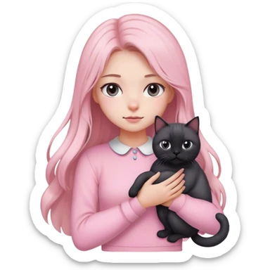 
girl with light long hair, grey eyes and fair skin in pink pastel clothes holds a black British cat in her arms sticker