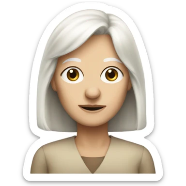 Aged crone woman, shoulder length blonde hair with bangs, blue eyes with wisdom sticker