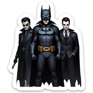 Icon for Thriller Movies: A large, dramatic collage featuring sinister villains in dark clothing. The background shows the gloomy cityscape of Gotham, with dim lighting and eerie shadows. The atmosphere should be tense, mysterious, and suspenseful. Transparent background. sticker