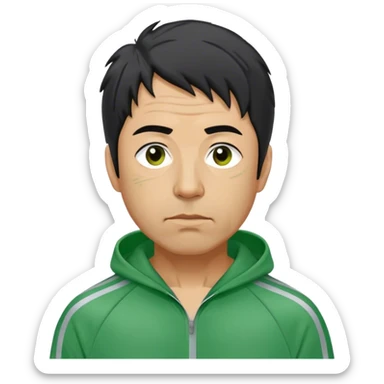 Park is a middle-aged man, around 35 years old, green tracksuit.  His black hair, streaked with strands of gray, is unkempt and damp with sweat. sticker