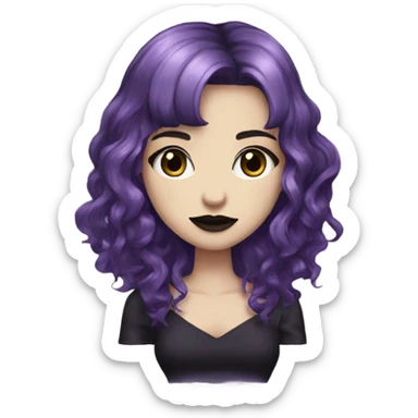 one single alt women, purple hair, wavy hair, medium hair, short bangs, dark makeup, mauve lips, gothic detailed strap dress, white skin  sticker