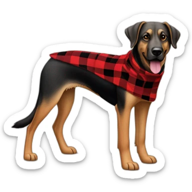 75% Coonhound 25% German Shepherd mix dog wearing small pointed red buffalo plaid bandana pointing down side view full body facing left sticker