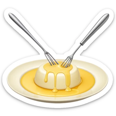 Generate a high-quality image of a dollop of yellow cream on a white plate with a metal whisk placed beside it, realistic color and shading, smooth gradient colors, no facial features, no brand markings, simple white background, high-resolution.
 sticker