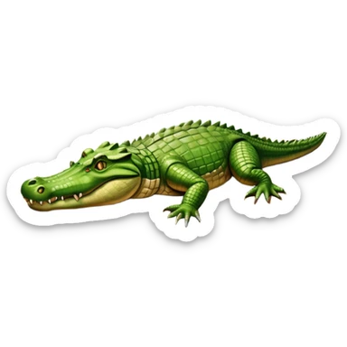 A large crocodile resting on a riverbank, part of its body in water, realistic scales and reflections, natural sunlight. sticker