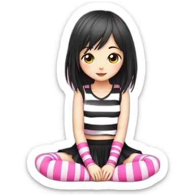 full body Front view emo girl sits on the floor black skirt pink knickers striped stockings sticker