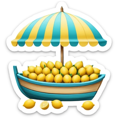 Mediterranean lemon stand by the sea, blue and white striped canopy
Fresh yellow lemons stacked, wooden boats and turquoise water background
Bright sunlight, Italian coastal summer vibe, vibrant colors sticker