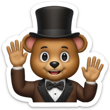 Freddy Fazbear as a cute emoji, waving, brown animatronic bear, black top hat, bow tie, happy face sticker
