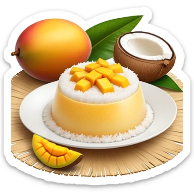 cinematic-realistic-mango-sticky-rice-dessert-emoji,-showcasing-sweet-sticky-rice out of a mould-paired-with-ripe-mango-slices-and-coconut-milk-rendered-with-lifelike-detail-and-warm,-inviting-lighting with the coconut  milk over the rice sticker