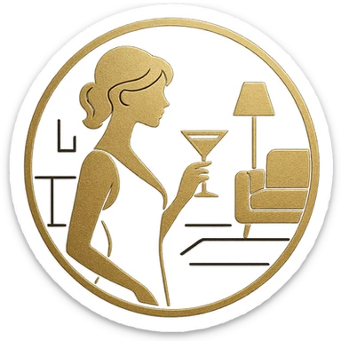 circular logo with a golden silhouette of a woman holding a martini glass, set against a black background with minimalistic modern interior elements like a couch and lamp. Vector-style, clean lines, embossed metallic effect sticker