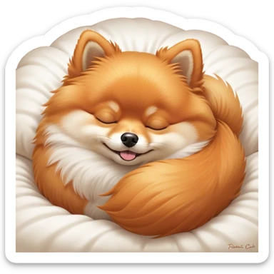 Meme-Worthy Cute Sleeping Orange Pomeranian Portrait Emoji, Head resting peacefully with a contented smile, showcasing a delightfully compact build and a luxuriously soft, fluffy orange Fur, eyes shut in a serene nap, Simplified yet hilariously adorable features, highly detailed, glowing with a soft, drowsy light, high shine, relaxed and utterly lovable, stylized with an air of playful laziness, bright and heartwarming, soft glowing outline, capturing the essence of a comically sleepy companion, so meme-worthy it feels like it could instantly become the next viral sensation of adorable slumber! sticker