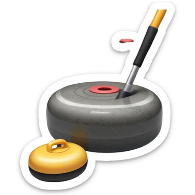 An icon showing a detailed close-up of a curling stone sliding across the ice, with a broom in motion beside it. The background features an indoor stadium with cheering spectators on the stands. Transparent background captures the strategy and focus of curling. sticker