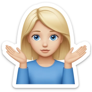 girl with blonde hair and blue eys with heands telling what  sticker