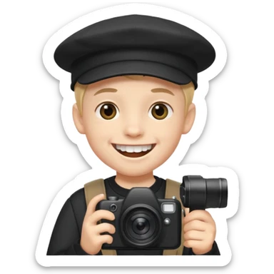 smiling schoolboy with large front teeth wearing a black cap holding a camera sticker