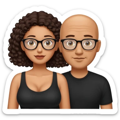 A picture of a tanned couple. the man is a Mexican man with tanned skin, with a bald hair cut, short beard and wearing a black shirt. the woman is wearing rectangle shaped glasses, with long curly dark brown hair and with big boobs  sticker