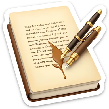 Create a vibrant emoji representing prose writing. The design should include a classic fountain pen or quill, an open notebook or a typewriter, with flowing text emerging from it. Use warm, earthy tones like brown, gold, and cream, along with subtle ink splatters to add a creative and artistic touch. The emoji should convey the idea of storytelling, creativity, and literary elegance. Make the background transparent. sticker