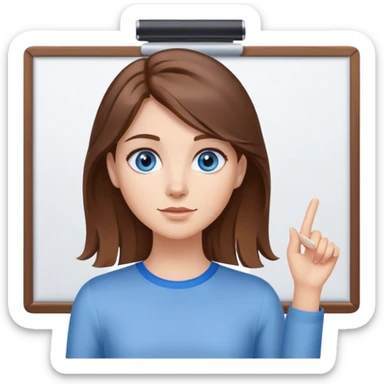 a young woman brown hair and blue eyes, with a clip in her hair and presenting on a white board sticker