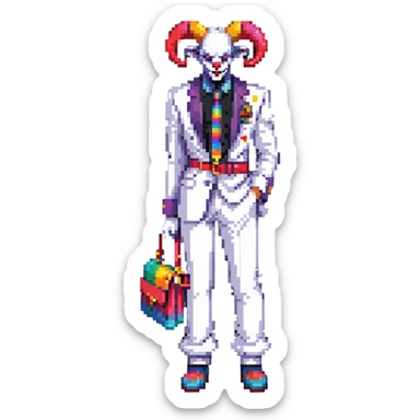 full-body demonic clown in a white leisure suit with bellbottom pants, bald, black ram horns, flashy belt, ruffled shirt, colorful tie, no elevator shoes sticker