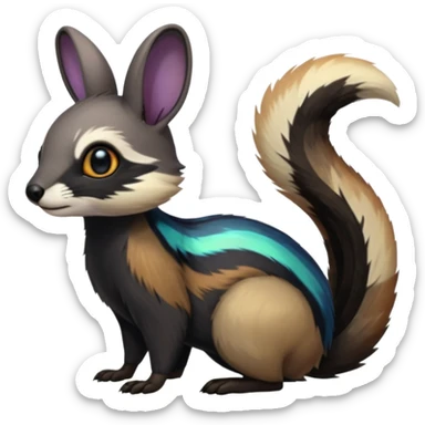 Colorful onyx-obsidian-pitch-black and iridescent Cacomistle-Numbat-Bunny-Ferret-hybrid-fusion-animal-creature, full body  sticker