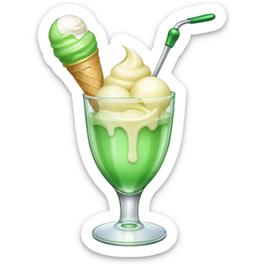 Create an emoji with a clear rounded glass, bright transparent green soda, vanilla ice cream scoop sticker