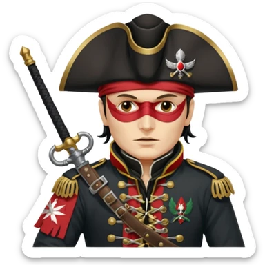 Adam Ant  painted with Indian war colors with black mask is wearing a Hungarian Hussar'S JACKET, holds two firelocks holsters in his hands sticker