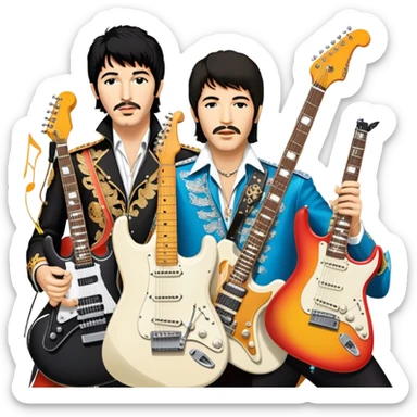 Rock music icon: collage of legendary rock stars—The Beatles, Jimi Hendrix, Elvis Presley, Queen, Nirvana, Led Zeppelin. Electric guitars, amplifiers, and microphones surrounded by vibrant stage lights and musical notes. Transparent background. sticker