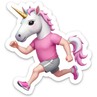 friendly anthropomorphised male white unicorn with a stocky, strong build, white arms and legs, wearing grey shorts and pink t-shirt, dark sunglasses, jogging upright in a relaxed pose sticker