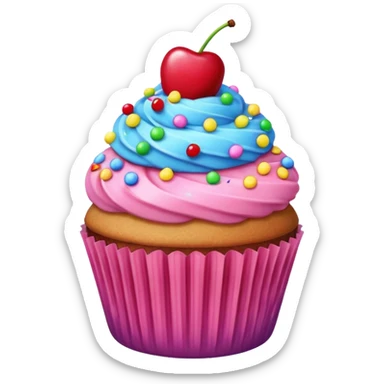 Cupcake with pink icing rainbow sprinkles and a cherry on top sticker