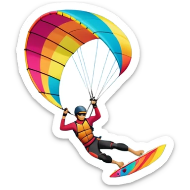 A professional kite surfer performing a high-flying trick on the waves, with a colorful kite soaring above. The background features a stunning landscape of rolling ocean waves, a bright sky, and distant mountains, emphasizing the skill and freedom of the sport. sticker