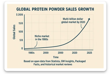A gpt-style infographic chart showing global protein powder sales growth from the 1980s to 2025, based on open data from Statista, GM Insights, Packaged Facts, and historical market reviews.
It shows how the industry has grown from a niche market in the 1980s to a multi-billion dollar global market by 2020. sticker