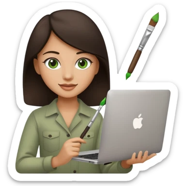 happy Graphic designer whit a MacBook, him eyes green color and dark brown hair, he is paint artist sticker