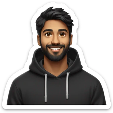25 year old indian silicon  valley creator economy startup founder smiling in a black hoodie and black medium  size beard with broad shoulders profile photo wearing apple vision pro face only sticker