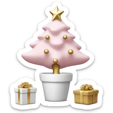 light pink christmas tree with white pot and presents underneath and star and white and gold ornaments sticker
