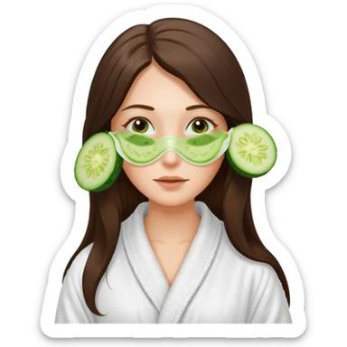 white long brunette hair girl with hazel eyes in a bathrobe with cucumber slices covering her eyes sticker
