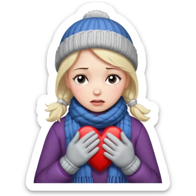 woman broken hearted, looking down sad, about to cry. holding her heart breaking, wearing a winter outfit sticker