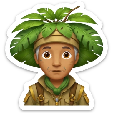 a old explorer with jungle wearing a large leaf headgear bye  sticker