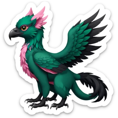 Dark-deep-Emerald-green gryphon-Trico-Nargacuga-fusion-hybrid with a long tufted tail, black beak, pink accents, black claws, black tail, majestic, realistic, furry (full body) sticker