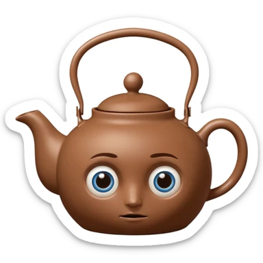 brown teapot, with a concerned expression including big blue eyes. It has human legs on the bottom, and a human hand connected to its handle. sticker