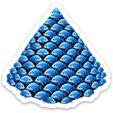 large pile of blue fish in a triangle-pyramid formation, iPhone Apple emoji style, between 2D and 3D, variation 1 sticker