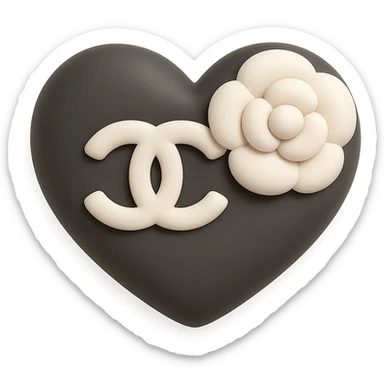 Chanel heart, soft and squishy, black and white, with a camellia flower, mochi style sticker