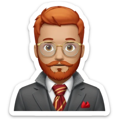 gray scarf, male,  beard, red hair, with suit, gold glasses sticker