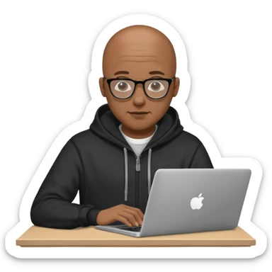 Bald Black guy with glasses wearing a black hoodie and working on a laptop doing a cad model sticker